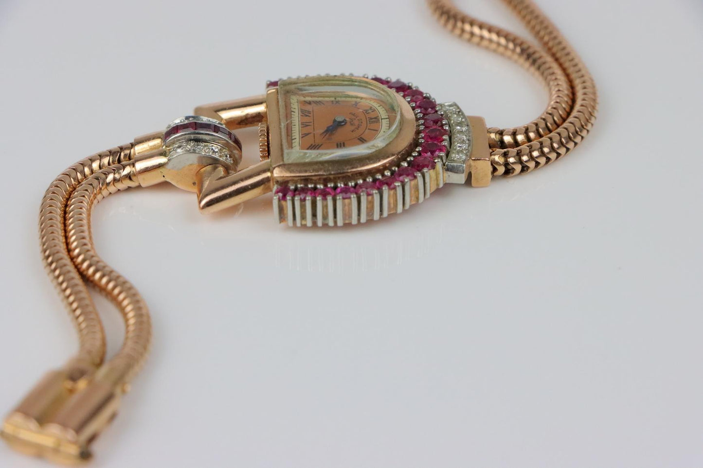 Retro 14K Rose Gold Ruby Diamond Watch Bracelet