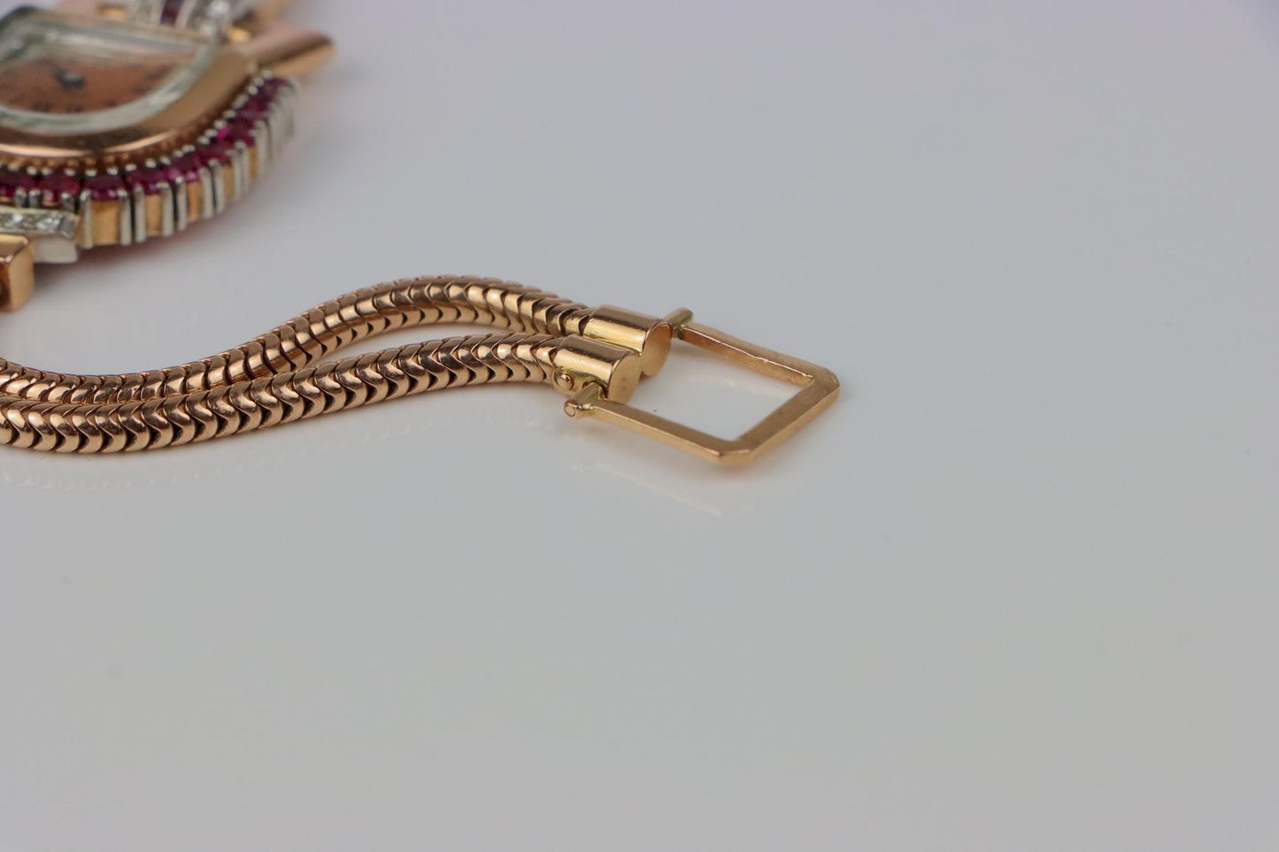 Retro 14K Rose Gold Ruby Diamond Watch Bracelet