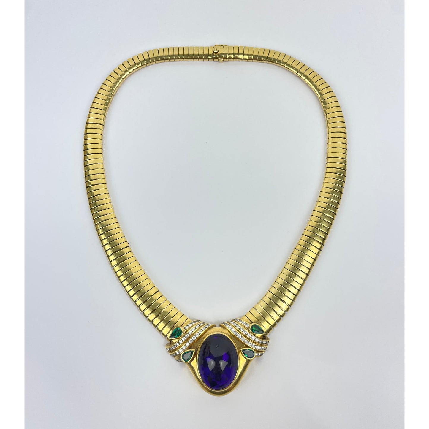 Vintage Gemlok 18k Gold Diamond Emerald Amethyst Cabochon Necklace