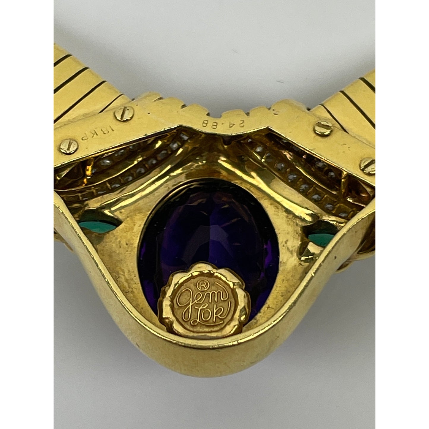 Vintage Gemlok 18k Gold Diamond Emerald Amethyst Cabochon Necklace