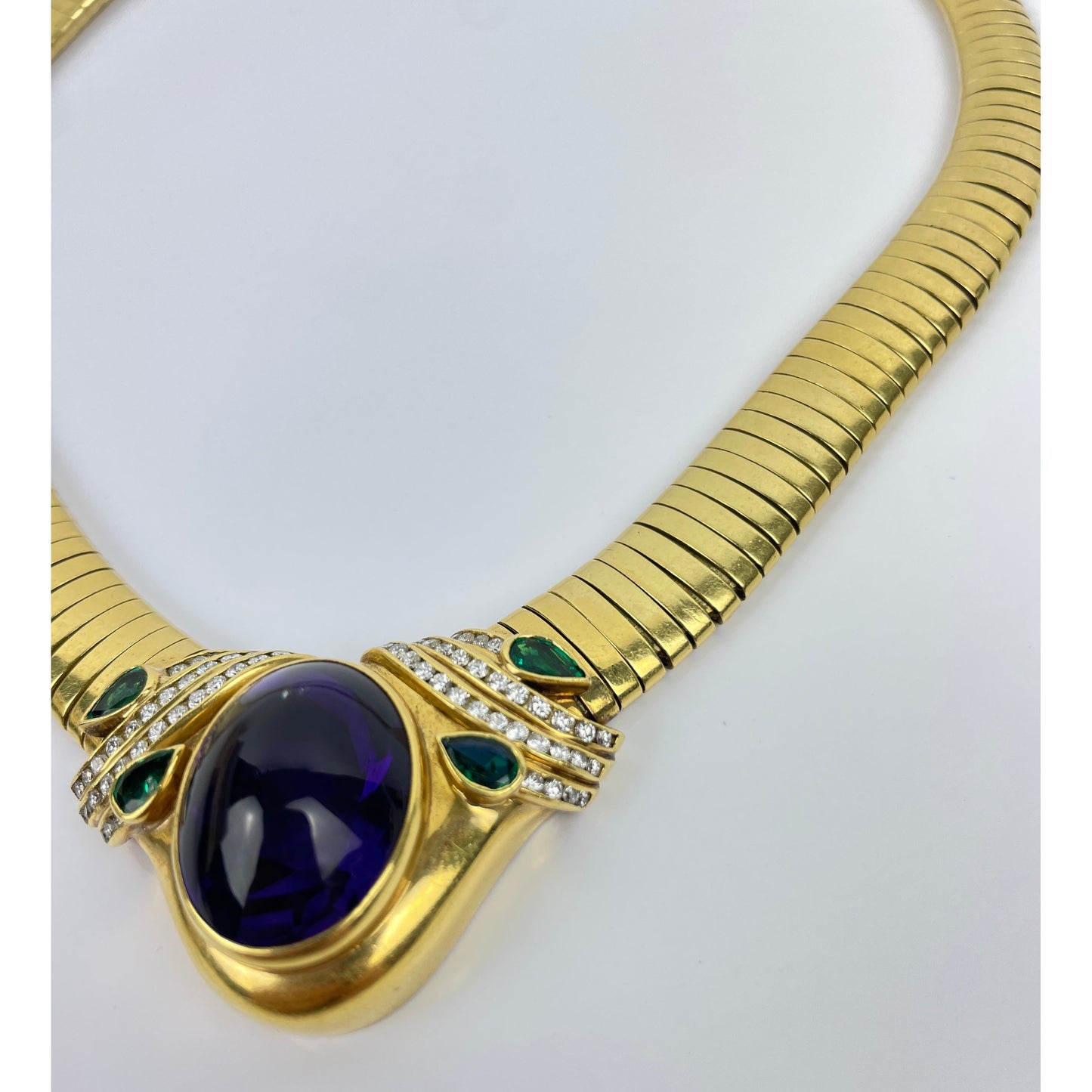 Vintage Gemlok 18k Gold Diamond Emerald Amethyst Cabochon Necklace