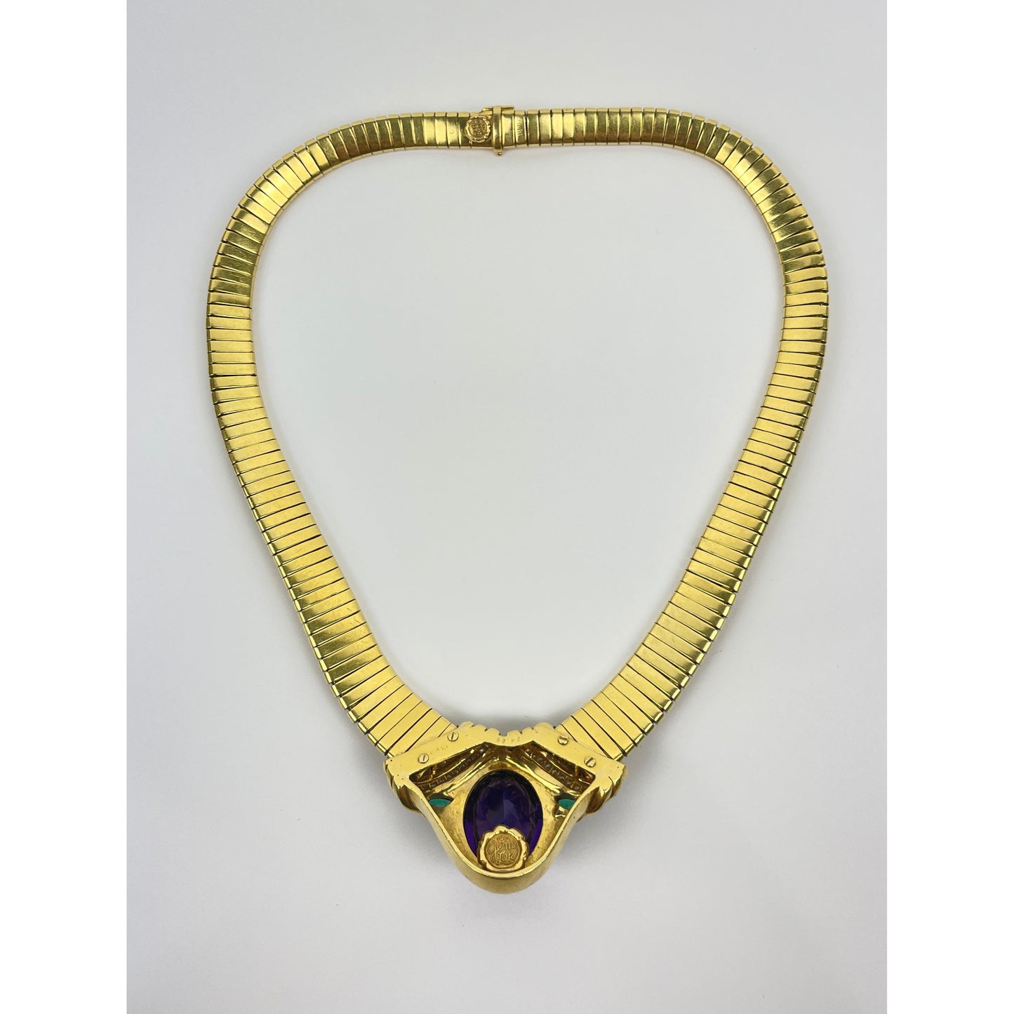 Vintage Gemlok 18k Gold Diamond Emerald Amethyst Cabochon Necklace
