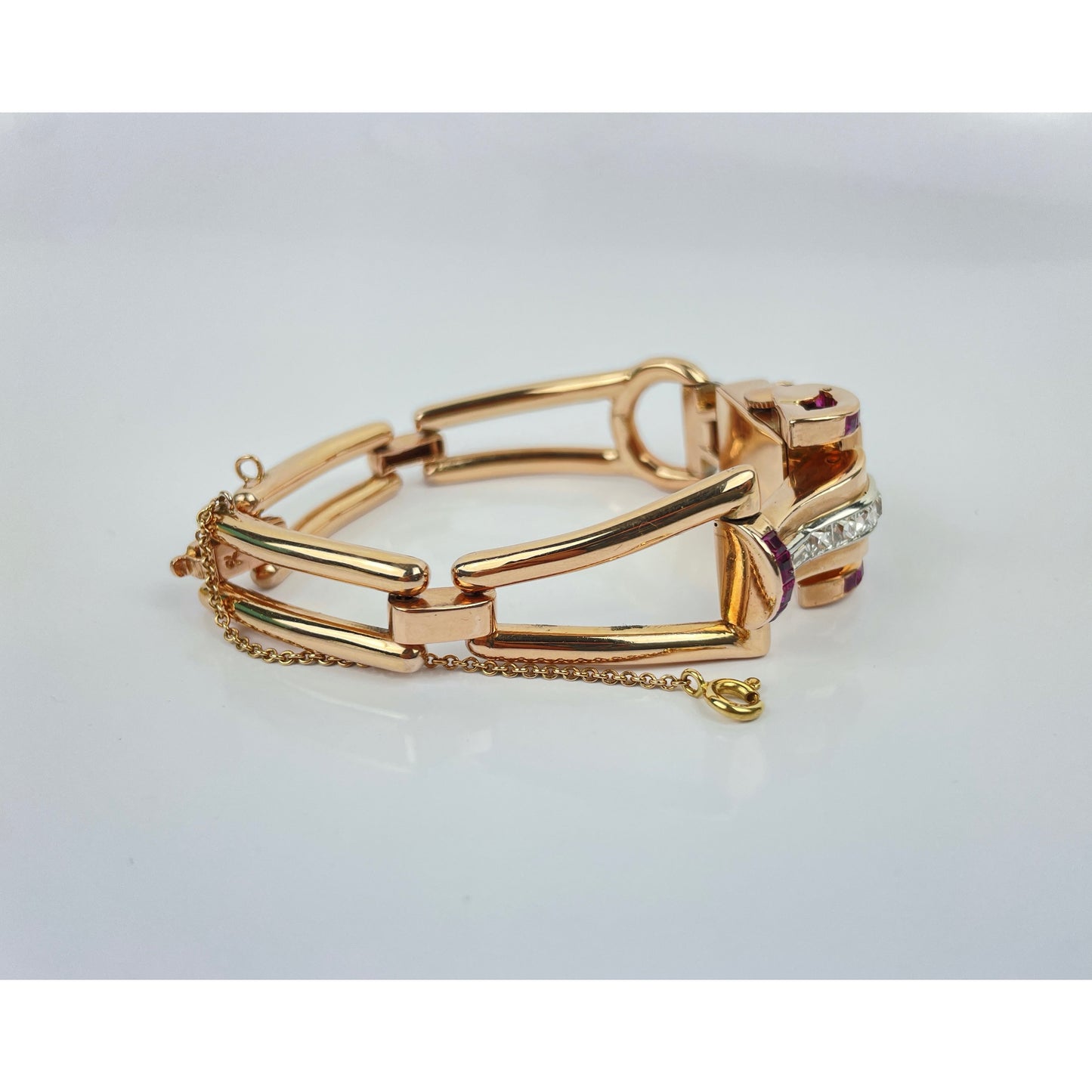 Retro 14k Gold Ruby Diamond Watch Bracelet