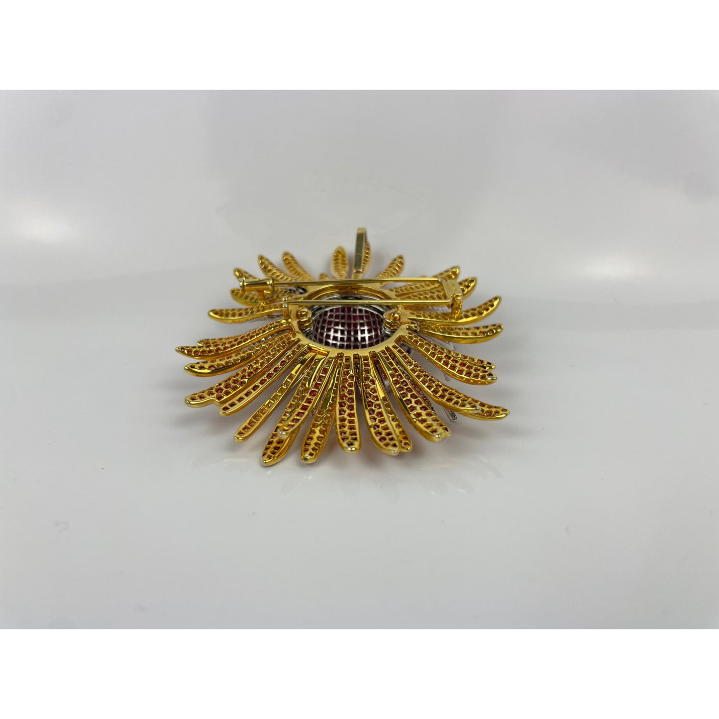 18K Gold SunBurst Ruby Diamond Sapphire Pendant Brooch