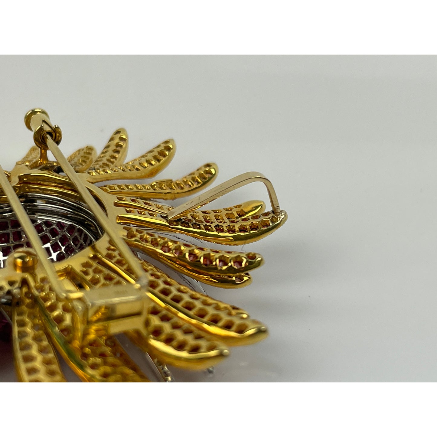 18K Gold SunBurst Ruby Diamond Sapphire Pendant Brooch
