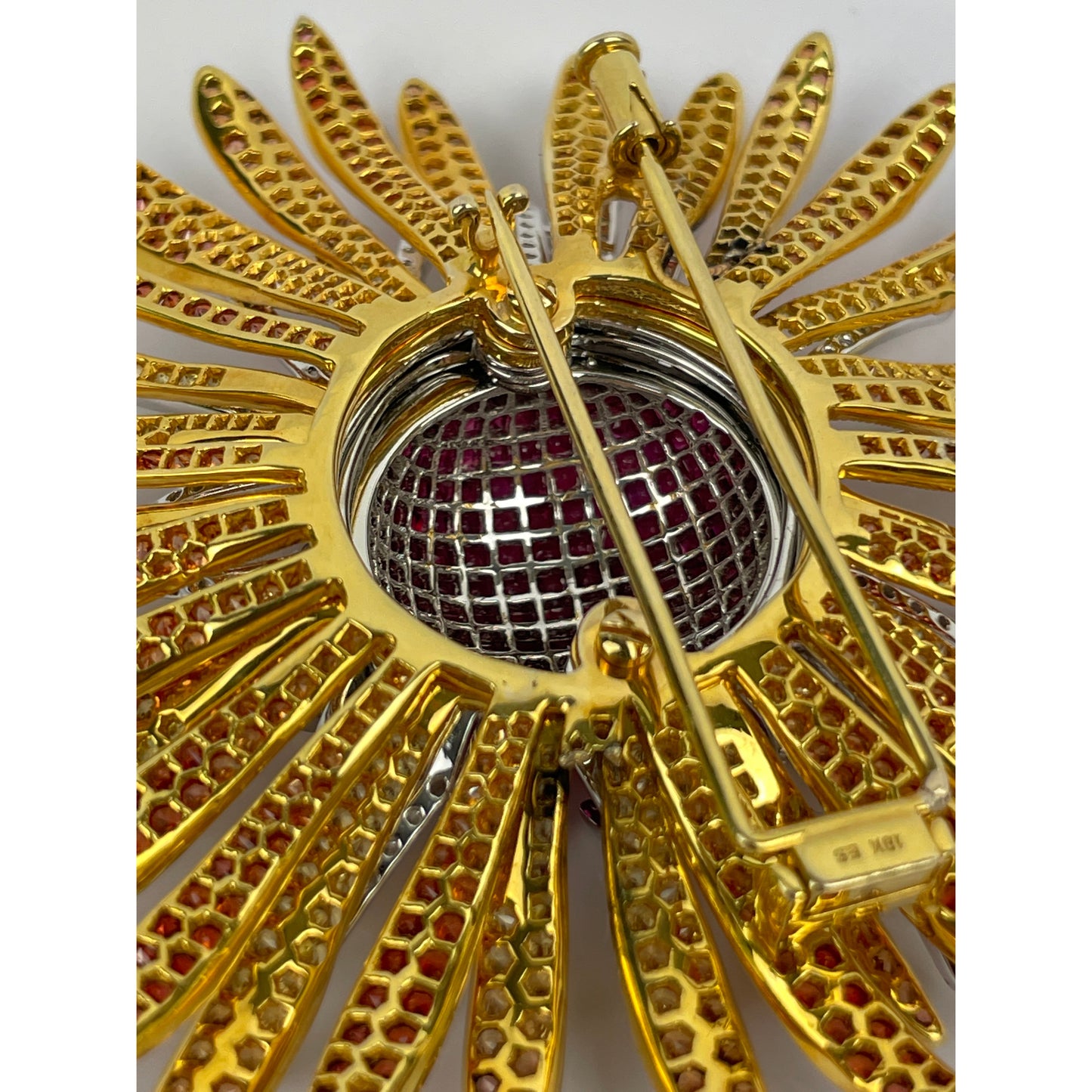 18K Gold SunBurst Ruby Diamond Sapphire Pendant Brooch