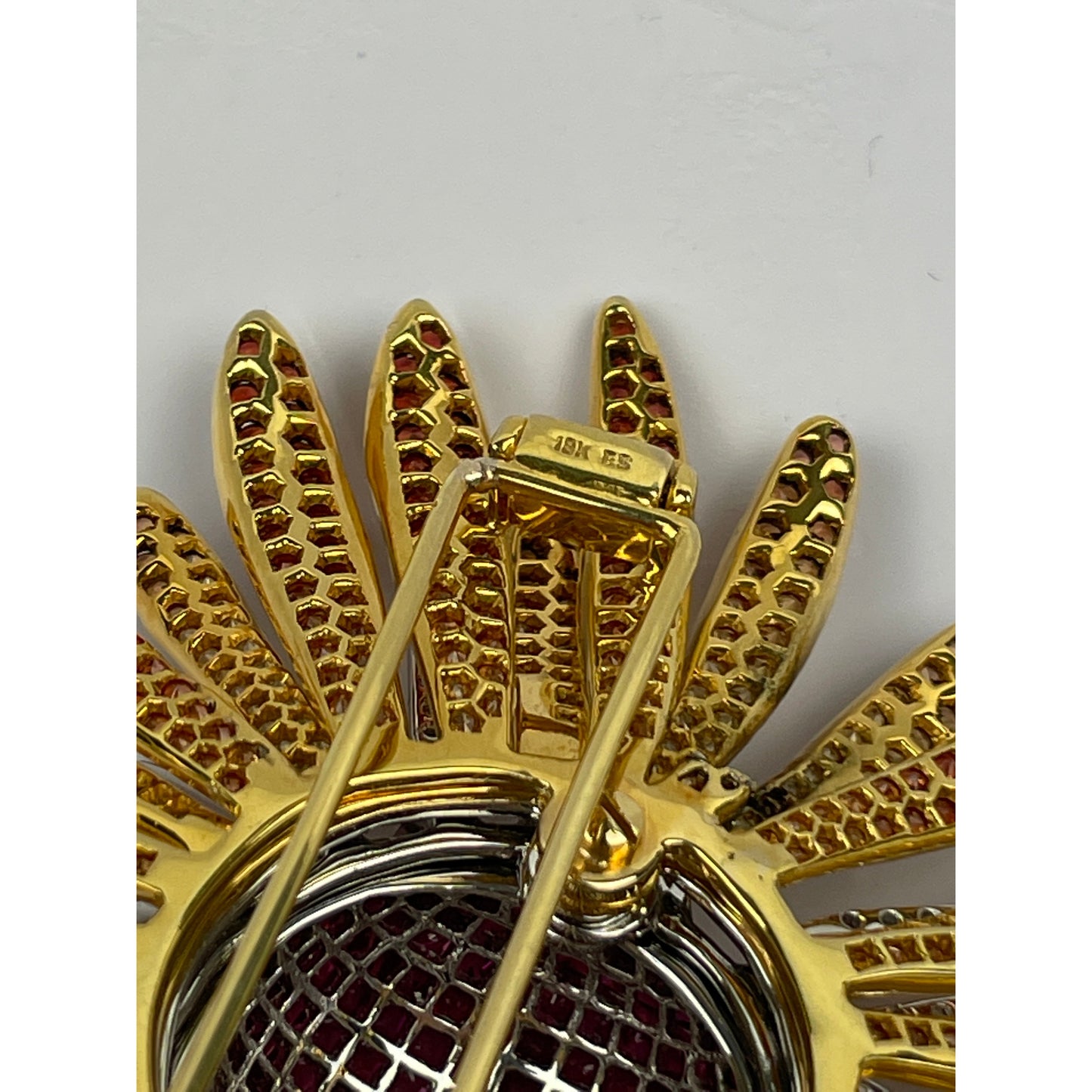 18K Gold SunBurst Ruby Diamond Sapphire Pendant Brooch