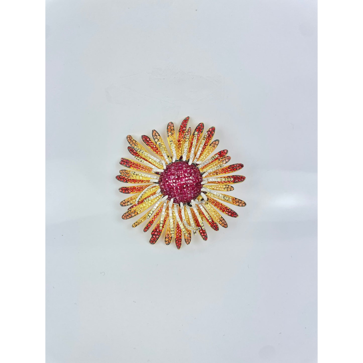 18K Gold SunBurst Ruby Diamond Sapphire Pendant Brooch
