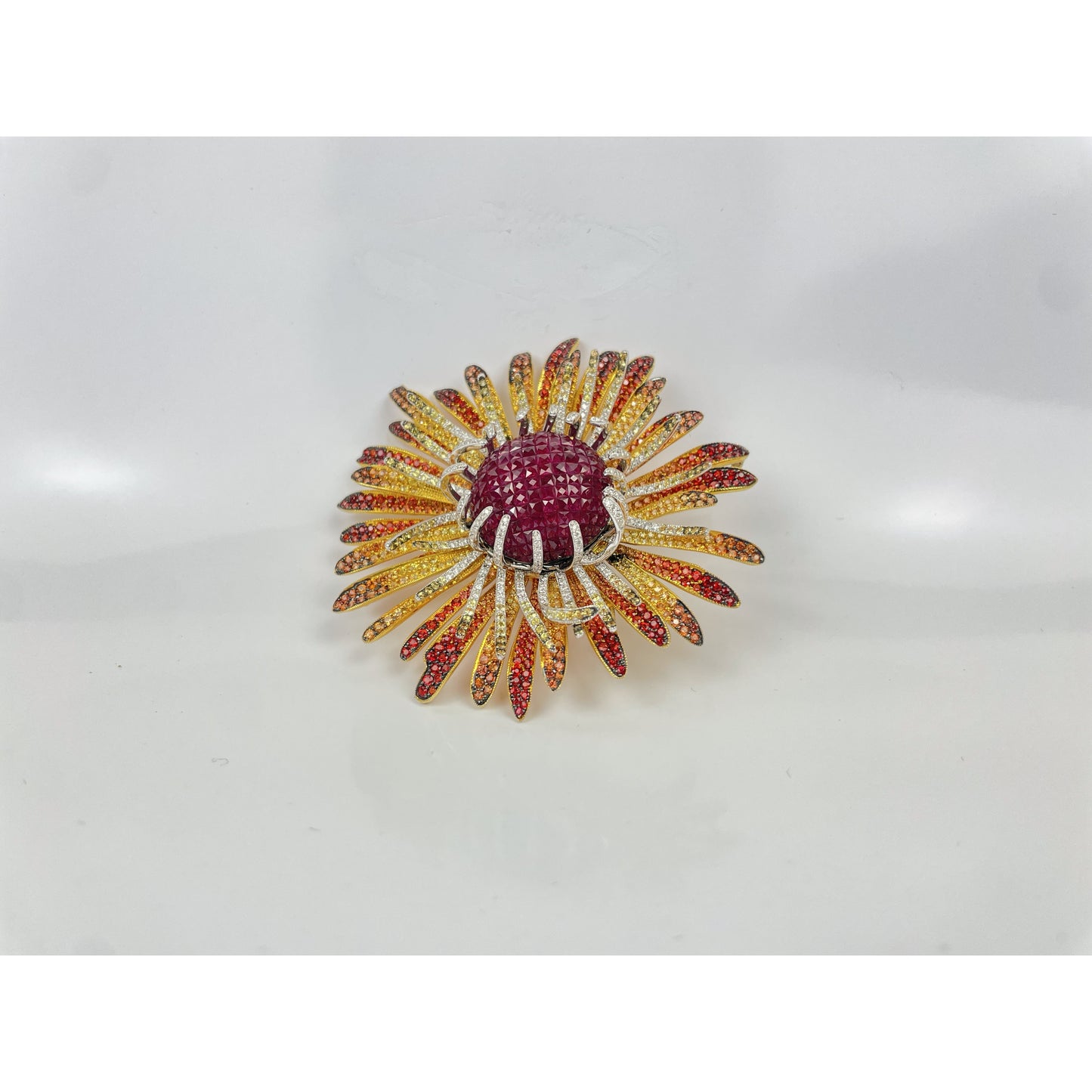 18K Gold SunBurst Ruby Diamond Sapphire Pendant Brooch