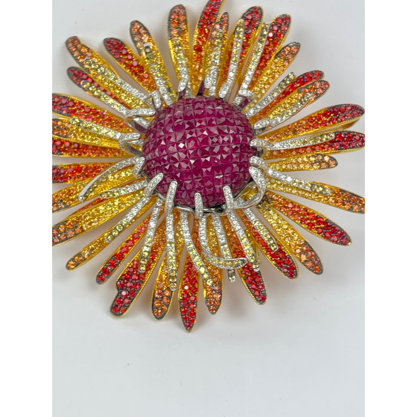 18K Gold SunBurst Ruby Diamond Sapphire Pendant Brooch