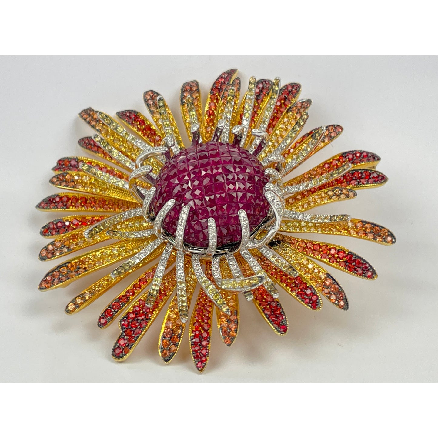 18K Gold SunBurst Ruby Diamond Sapphire Pendant Brooch