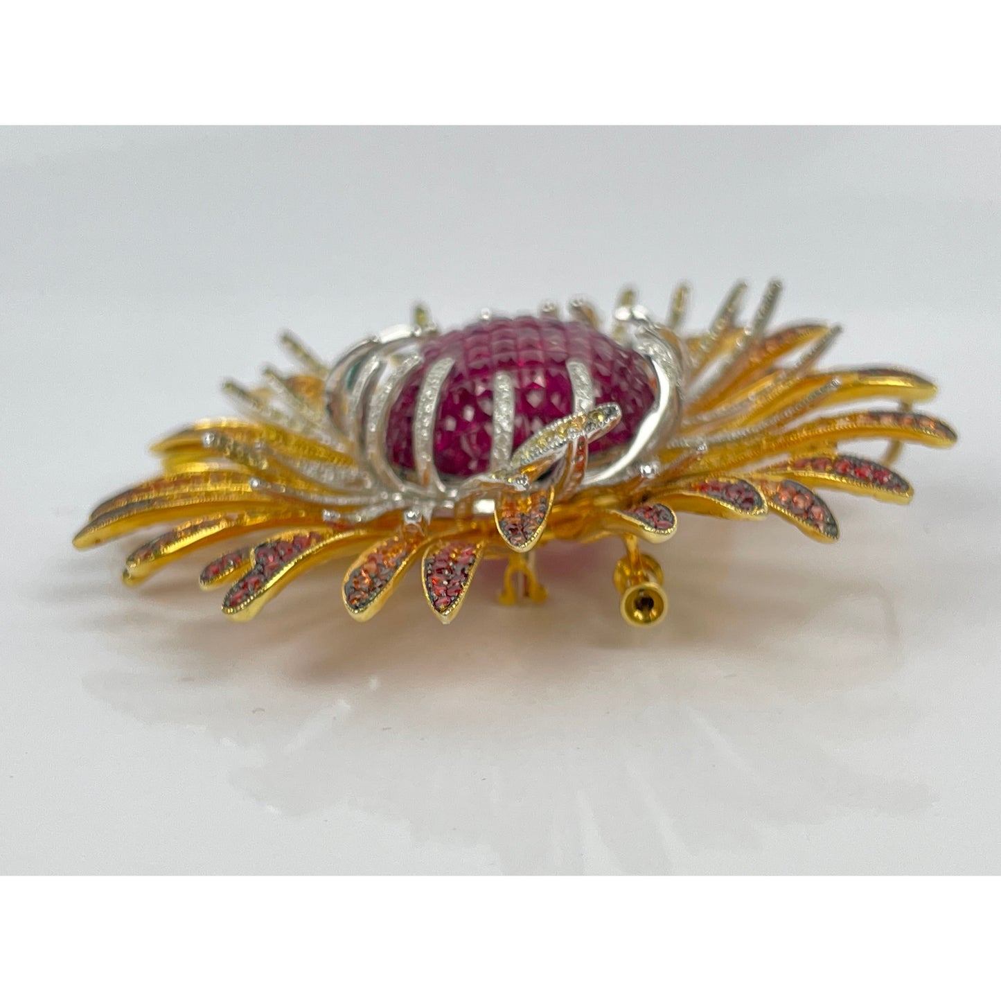 18K Gold SunBurst Ruby Diamond Sapphire Pendant Brooch