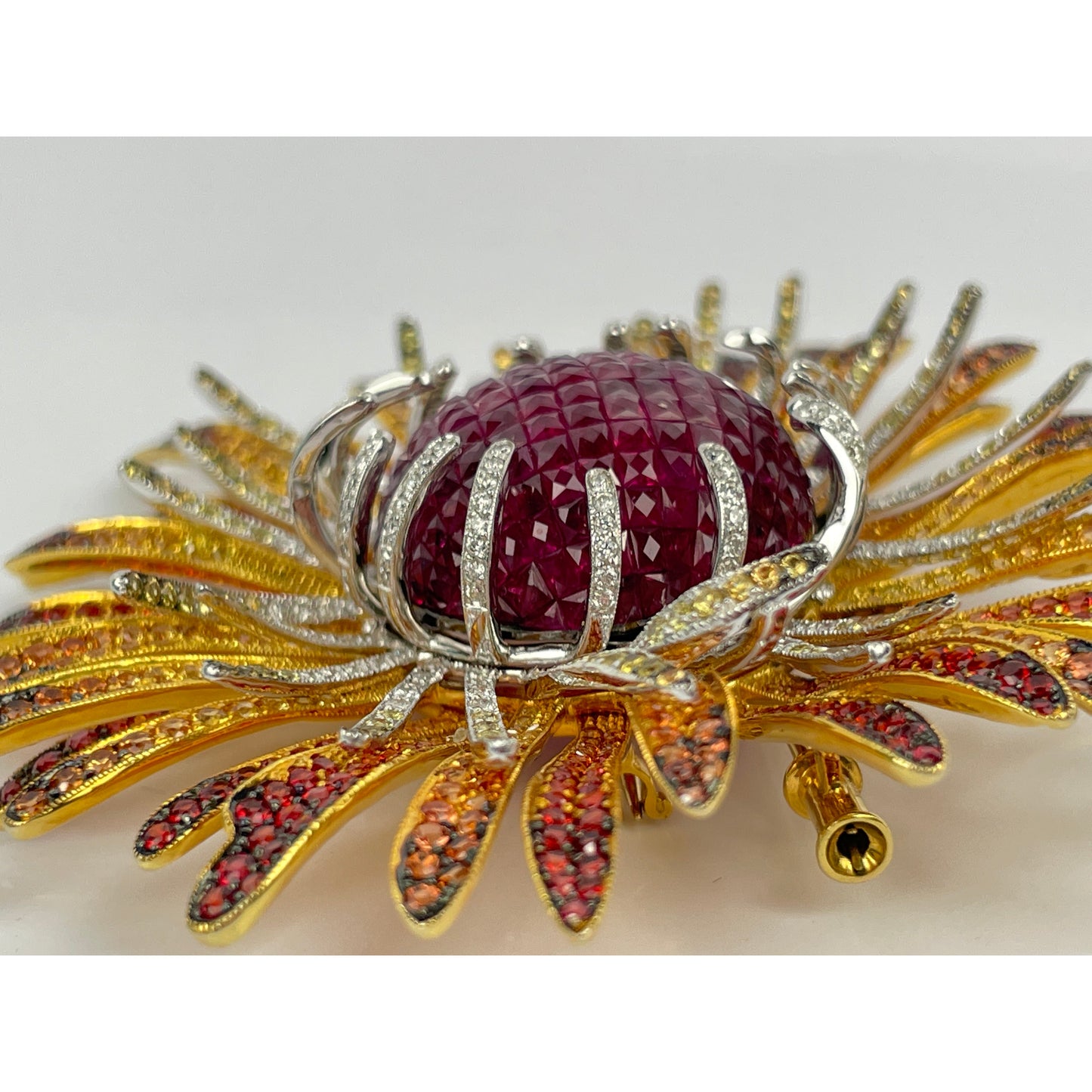 18K Gold SunBurst Ruby Diamond Sapphire Pendant Brooch
