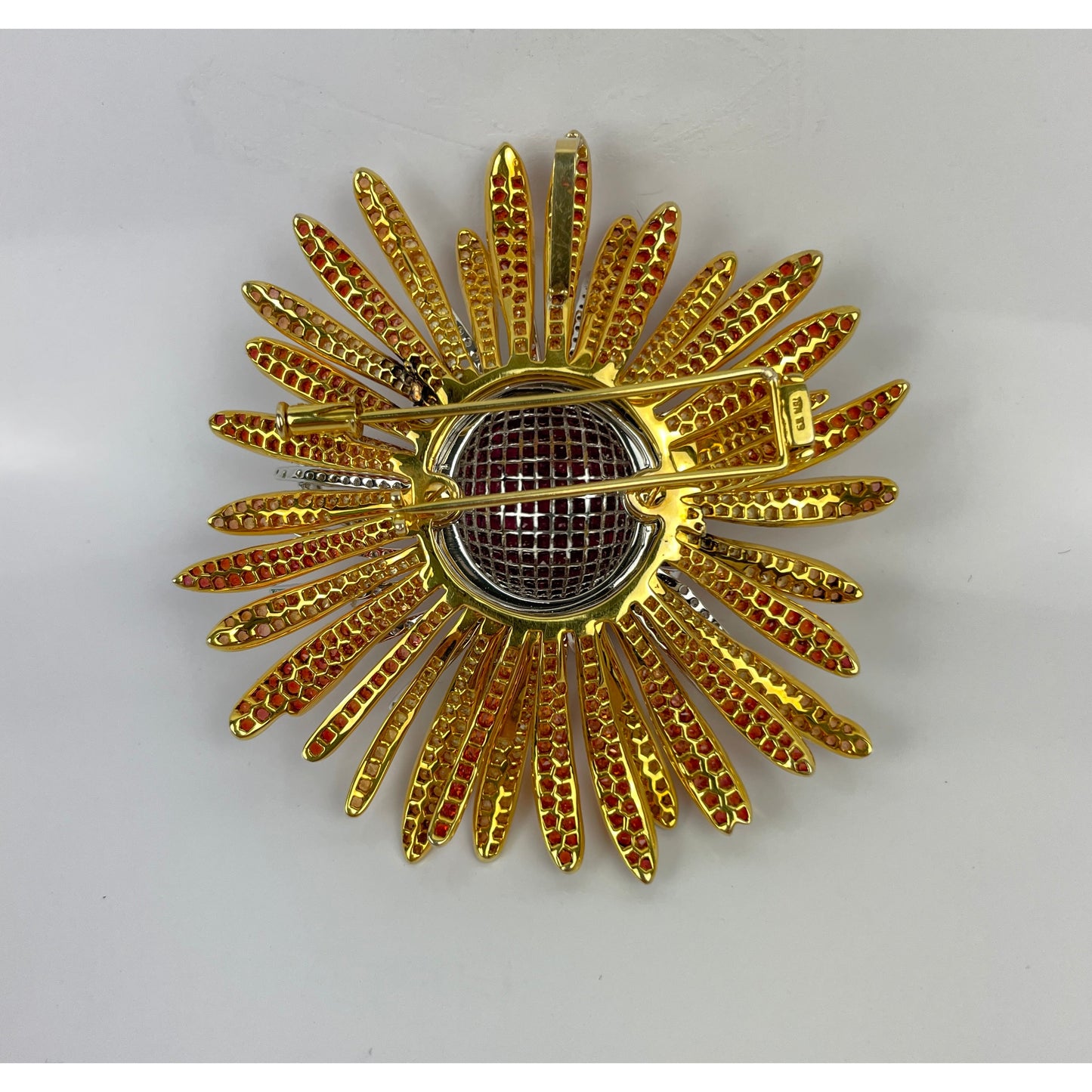 18K Gold SunBurst Ruby Diamond Sapphire Pendant Brooch
