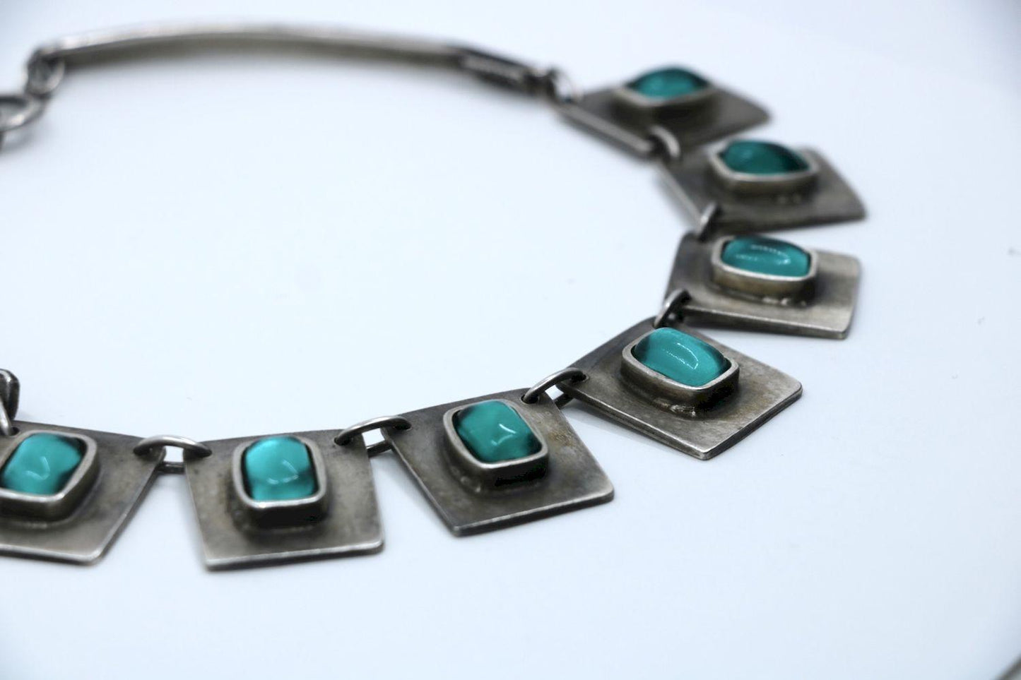 Vintage Rigaux France Sliver Tone Green Glass Necklace