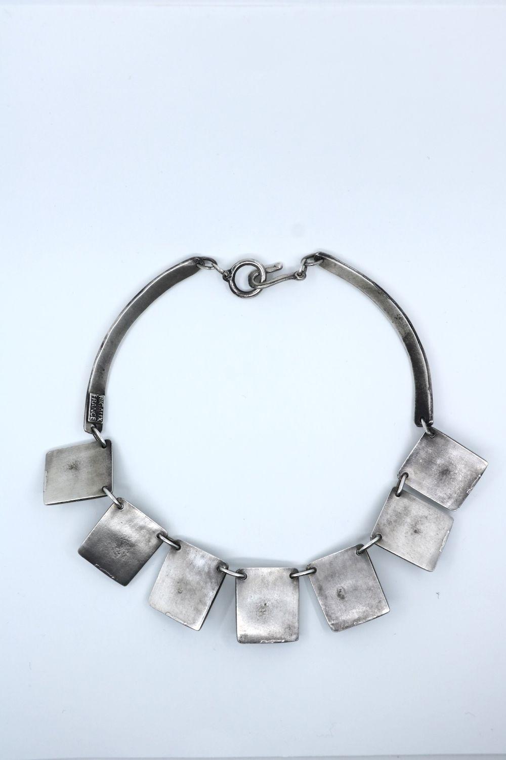 Vintage Rigaux France Sliver Tone Green Glass Necklace
