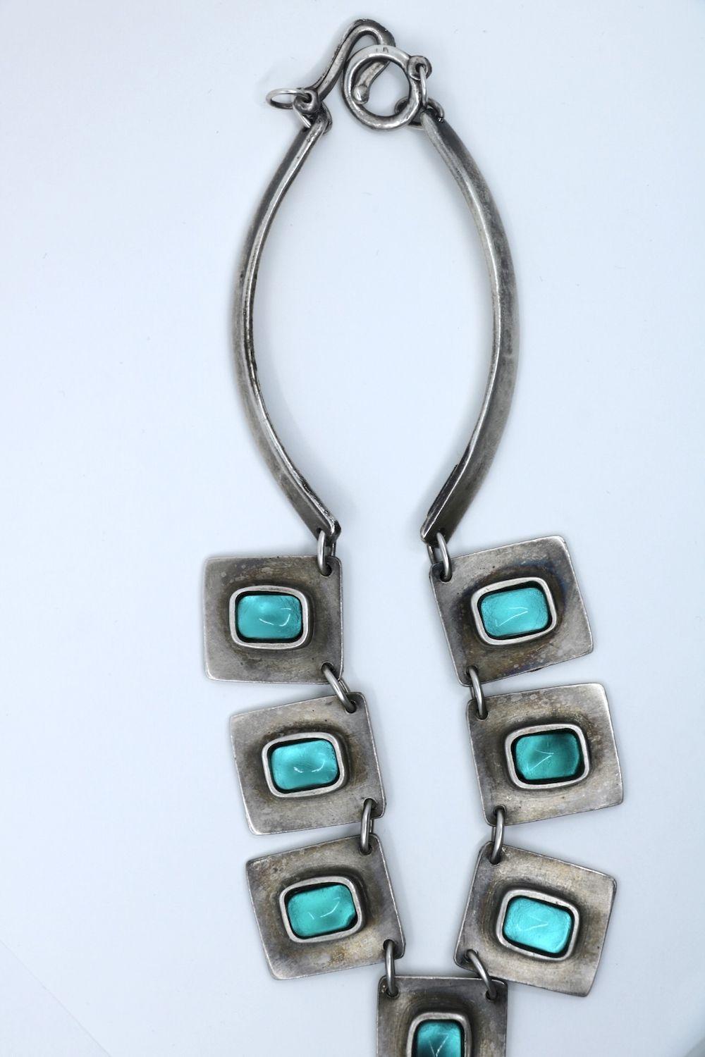 Vintage Rigaux France Sliver Tone Green Glass Necklace