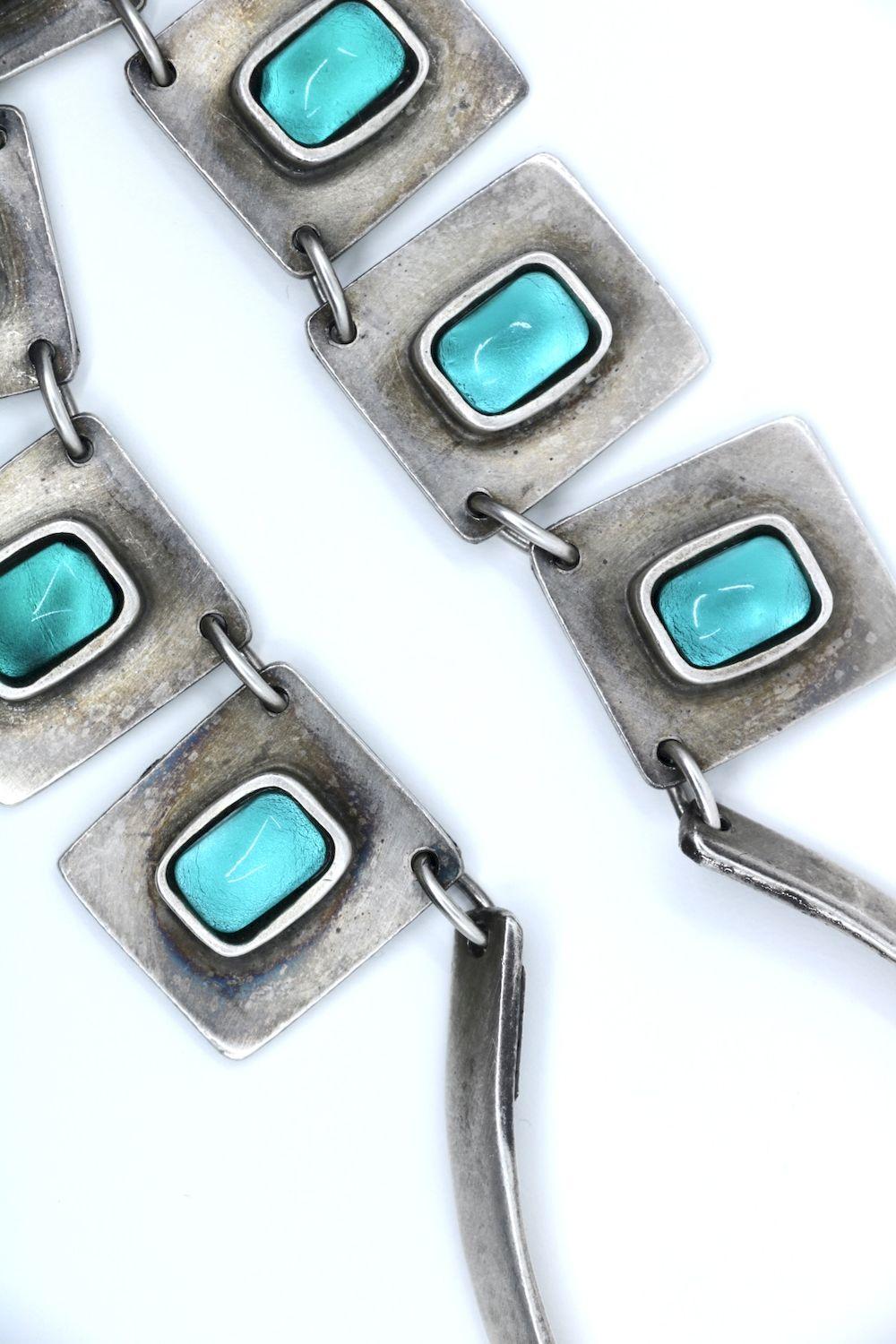 Vintage Rigaux France Sliver Tone Green Glass Necklace
