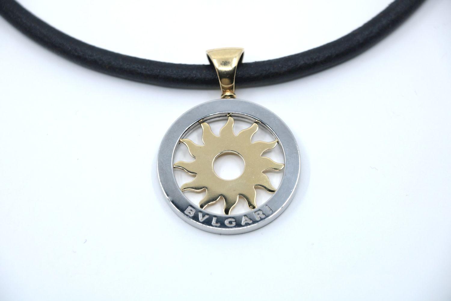 Buglari Tondo Sun Pendant Stainless Steel With 18K Yellow Gold Cord Necklace
