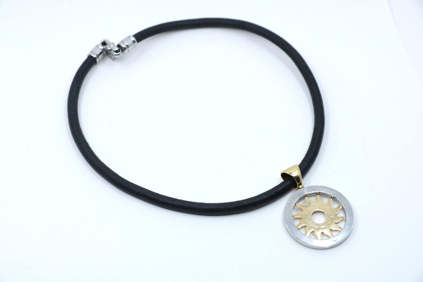 Buglari Tondo Sun Pendant Stainless Steel With 18K Yellow Gold Cord Necklace