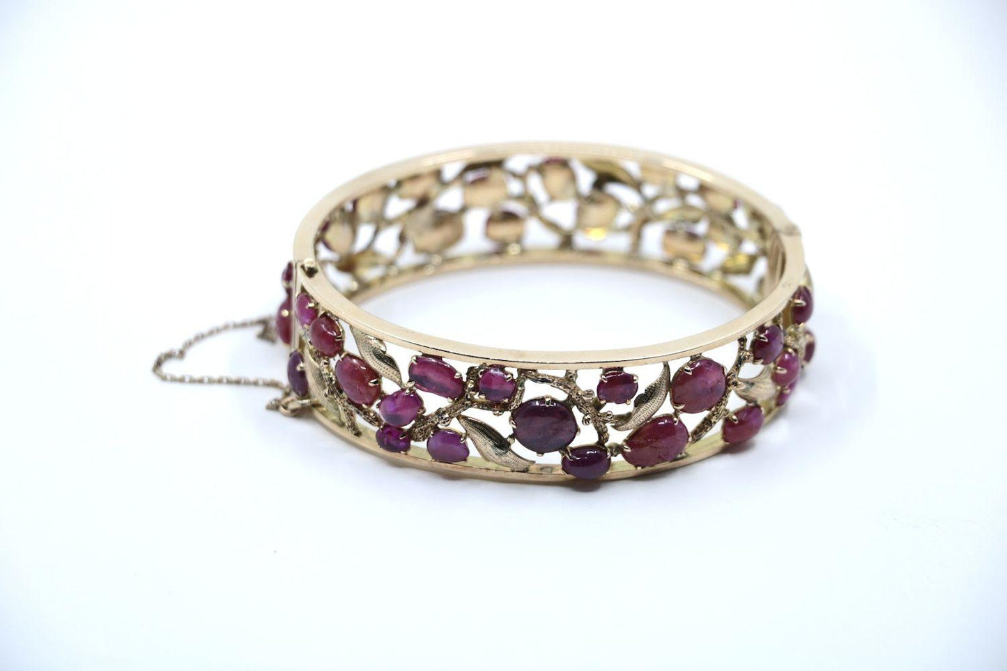 Vintage 14K Gold Gradient Pink Sapphire Leaf Cuff Bracelet