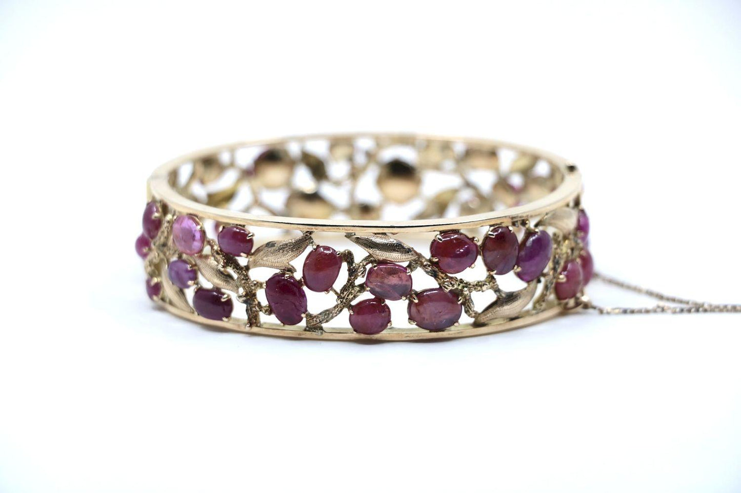 Vintage 14K Gold Gradient Pink Sapphire Leaf Cuff Bracelet