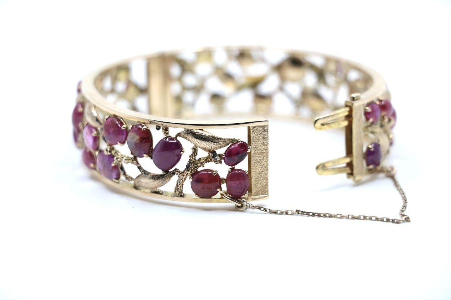 Vintage 14K Gold Gradient Pink Sapphire Leaf Cuff Bracelet