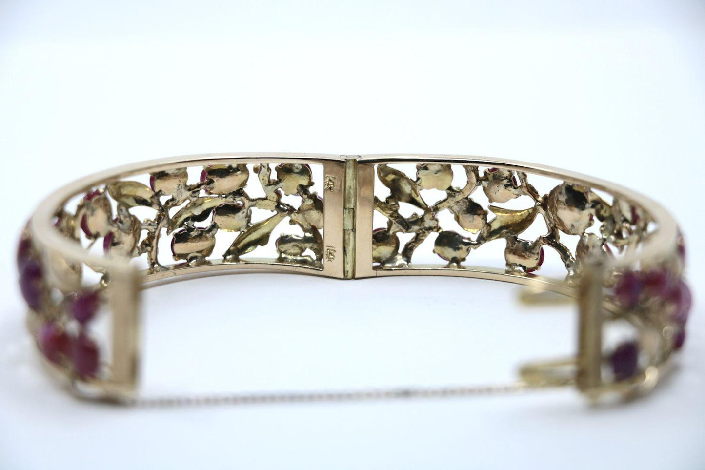Vintage 14K Gold Gradient Pink Sapphire Leaf Cuff Bracelet