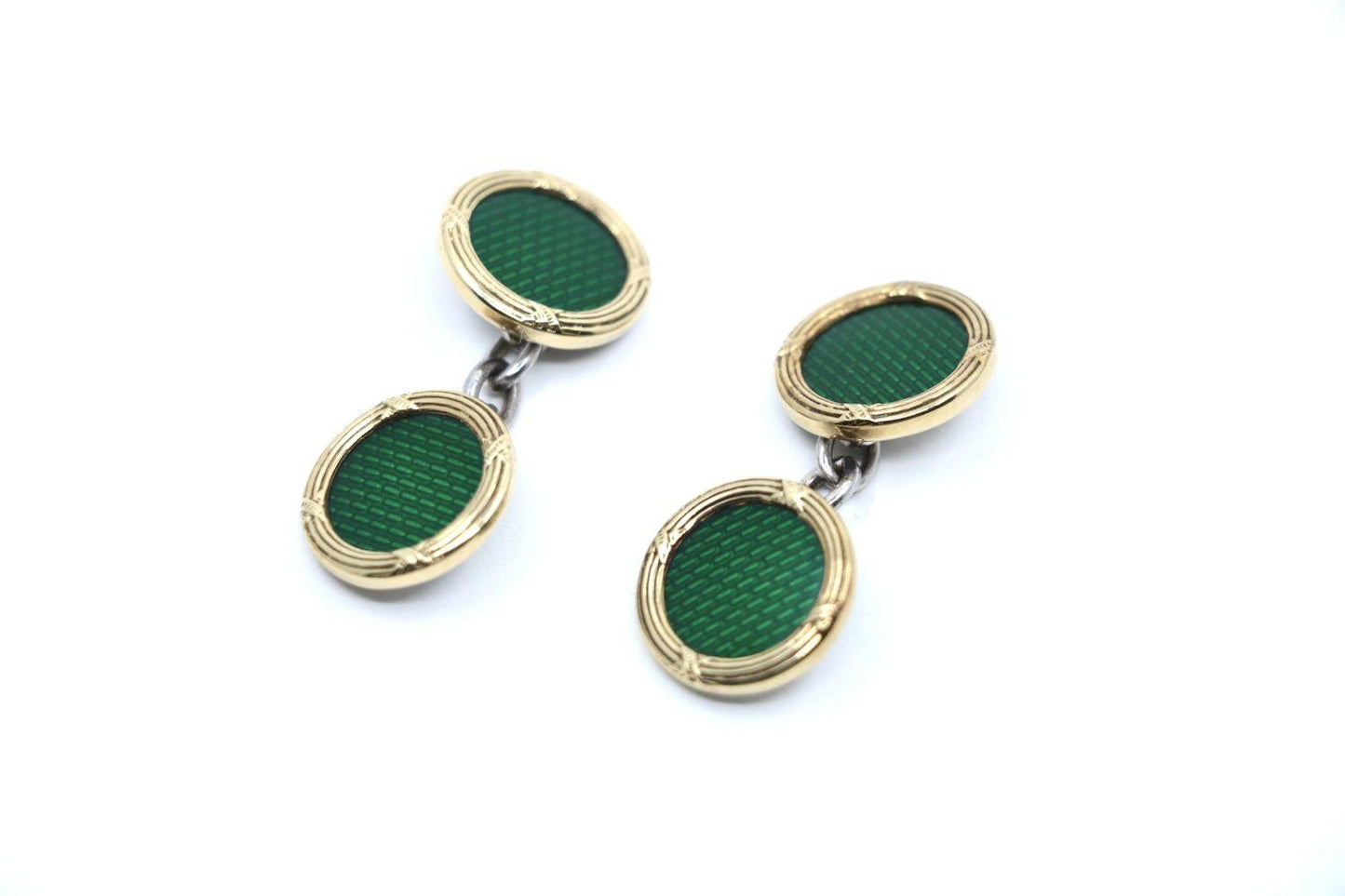 A Set Of 3 Pairs England D&F Silver Green Enamel Cufflinks