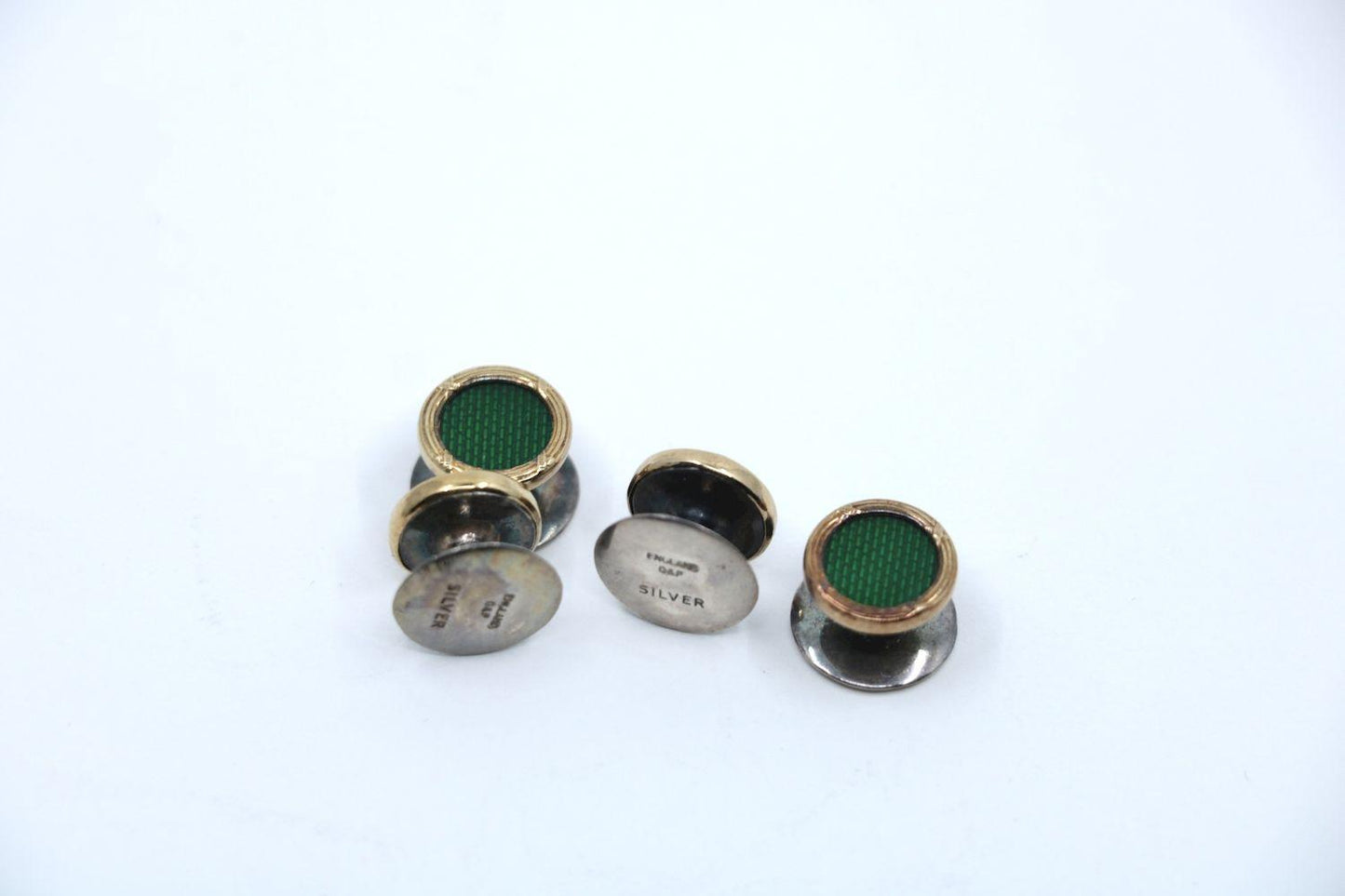A Set Of 3 Pairs England D&F Silver Green Enamel Cufflinks