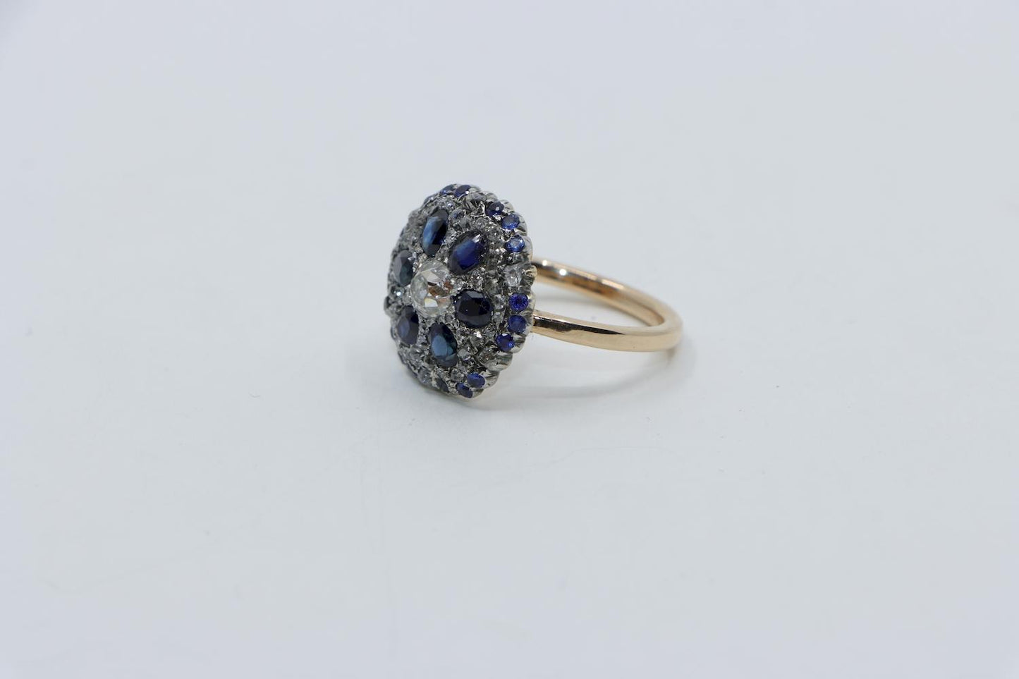 Antique 14K Gold Sapphire Diamond Flower Ring