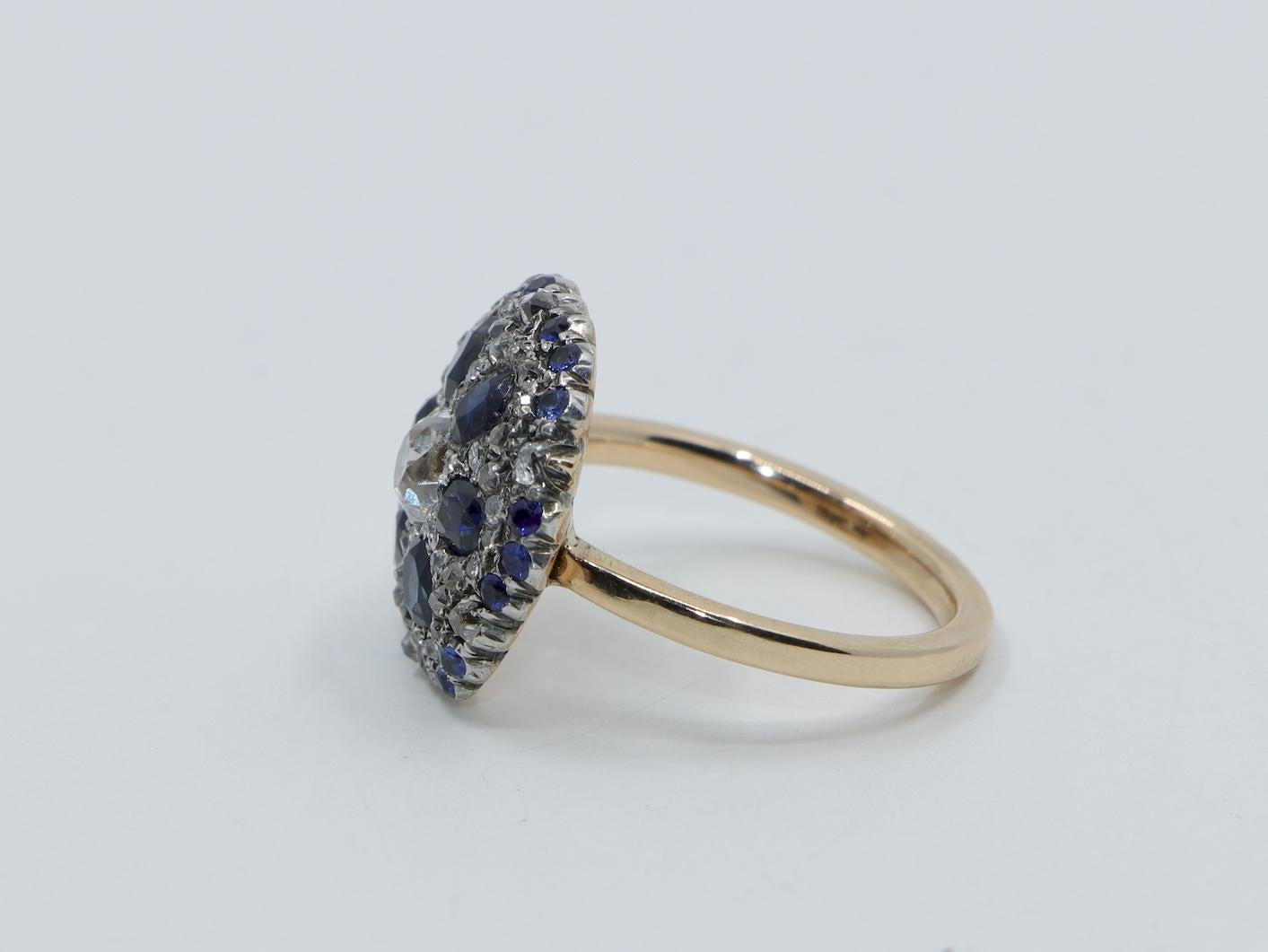 Antique 14K Gold Sapphire Diamond Flower Ring
