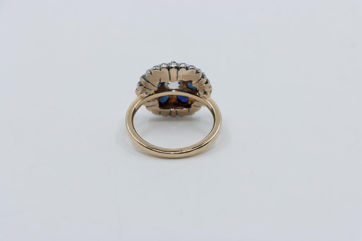 Antique 14K Gold Sapphire Diamond Flower Ring