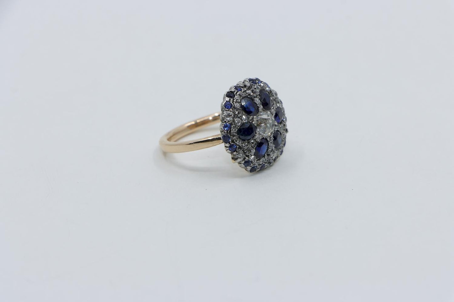 Antique 14K Gold Sapphire Diamond Flower Ring
