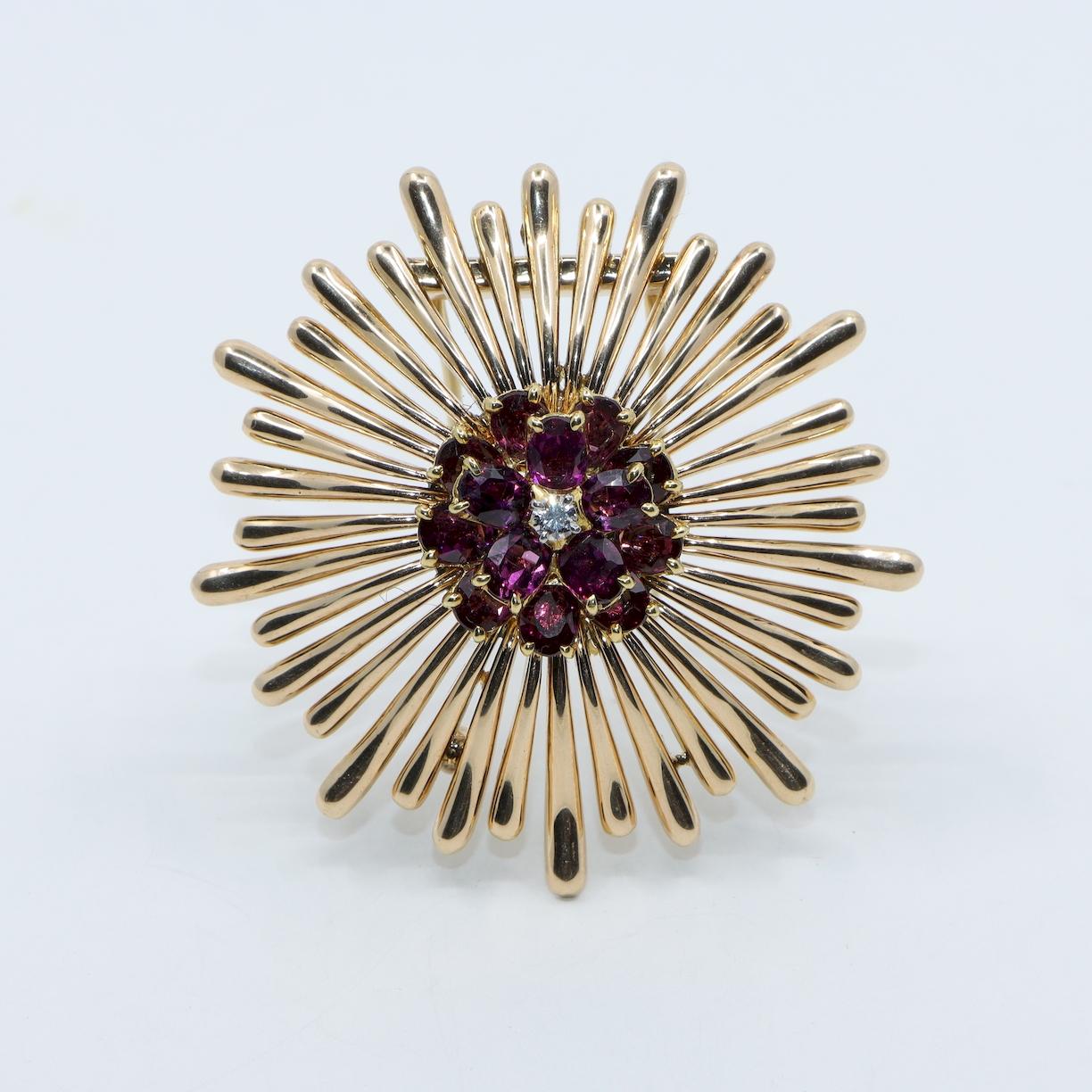 Retro Tiffany & Co 14K Gold Amethyst Diamond Flower Brooch Pin