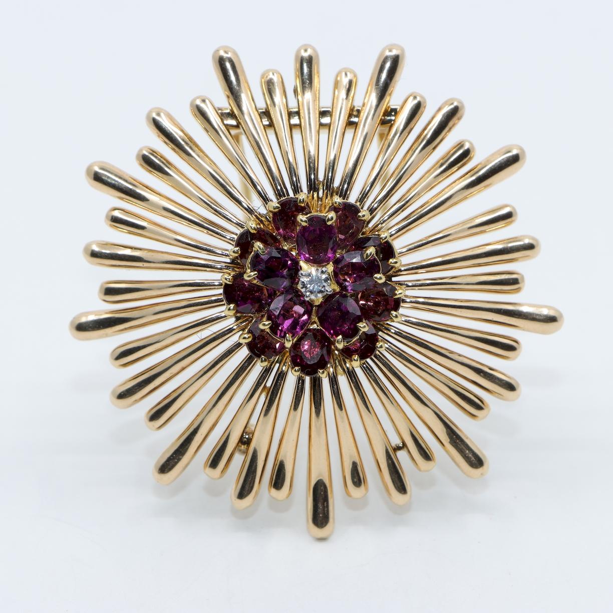 Retro Tiffany & Co 14K Gold Amethyst Diamond Flower Brooch Pin