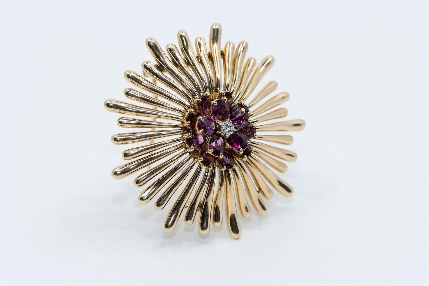 Retro Tiffany & Co 14K Gold Amethyst Diamond Flower Brooch Pin