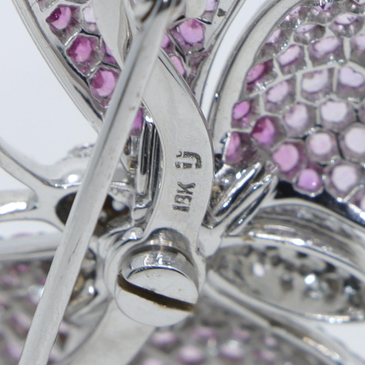 Vintage 18K White Gold Pink Sapphire Diamond Butterfly Brooch Pin