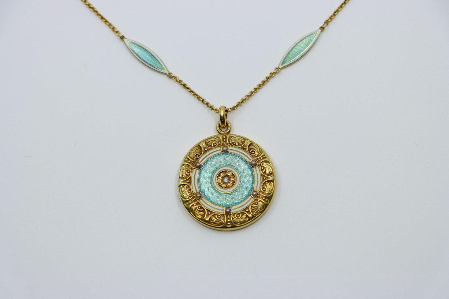 Vintage 14K Gold Diamond Mint Green Guilloche Locket Necklace