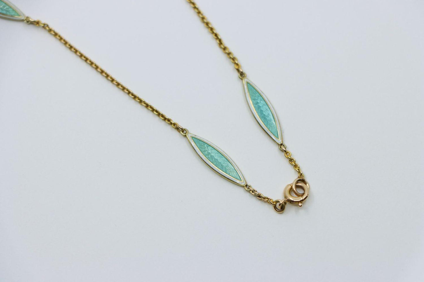 Vintage 14K Gold Diamond Mint Green Guilloche Locket Necklace