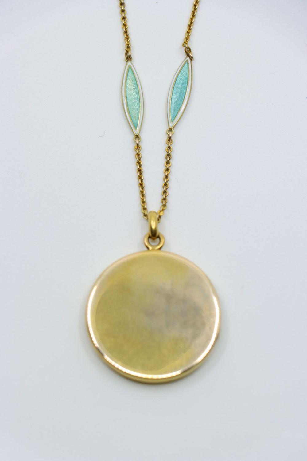 Vintage 14K Gold Diamond Mint Green Guilloche Locket Necklace