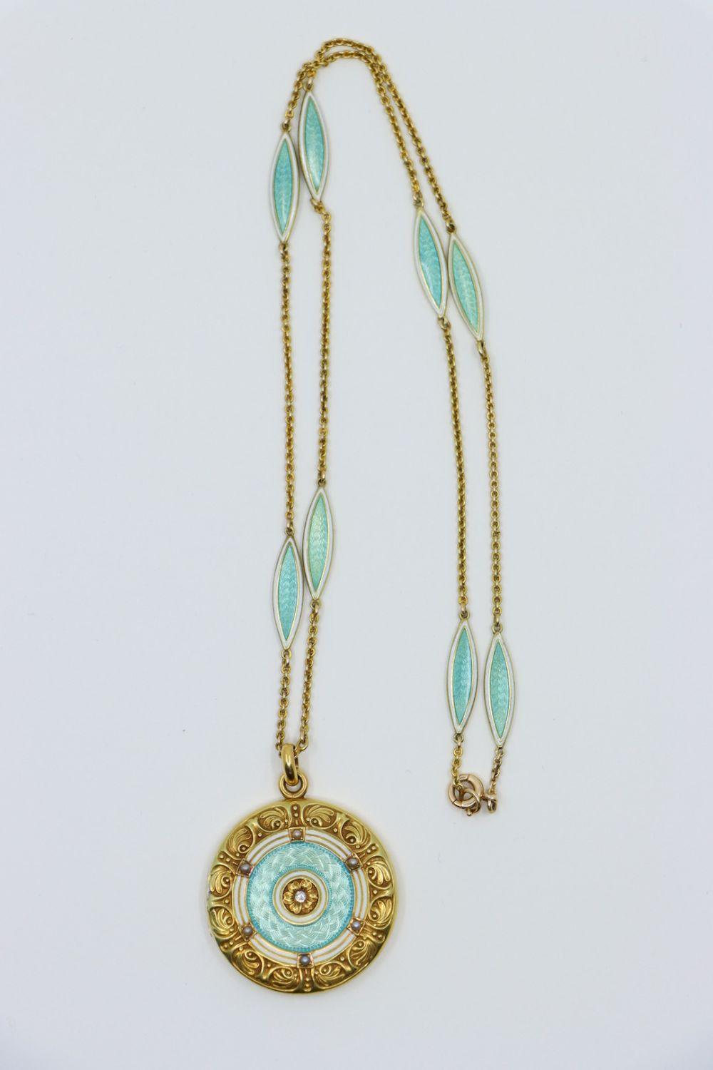 Vintage 14K Gold Diamond Mint Green Guilloche Locket Necklace