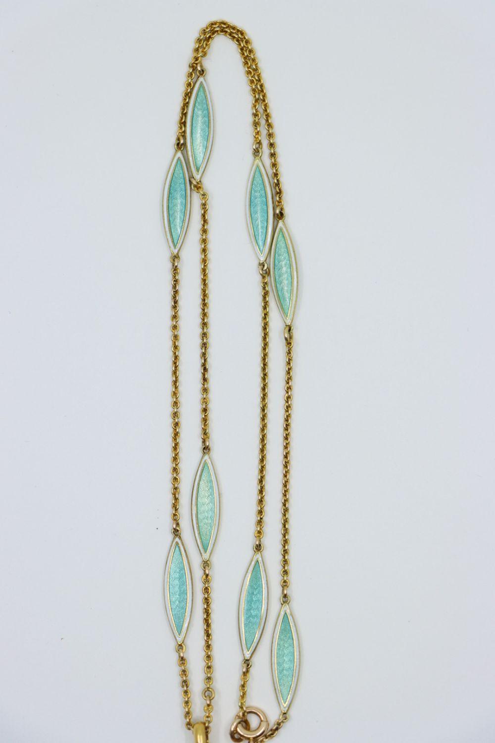 Vintage 14K Gold Diamond Mint Green Guilloche Locket Necklace