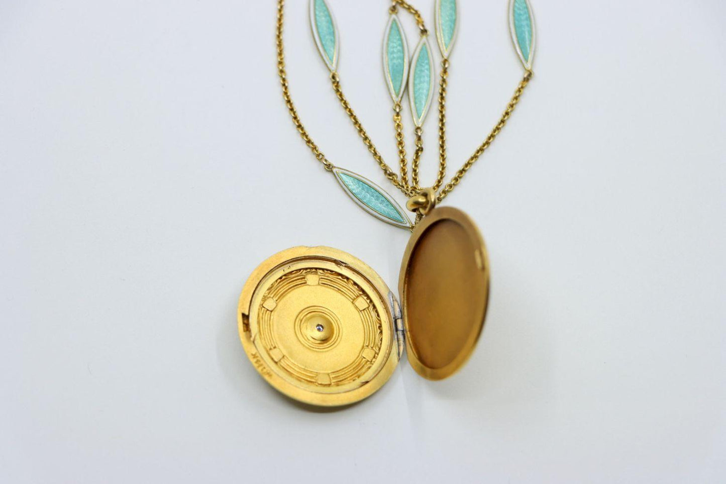 Vintage 14K Gold Diamond Mint Green Guilloche Locket Necklace