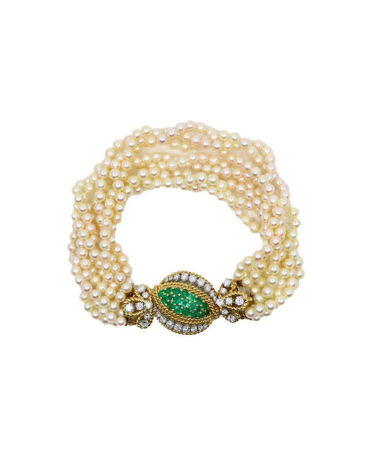 Vintage Gold Emerald Diamond Muti-Stand Pearl Bracelet