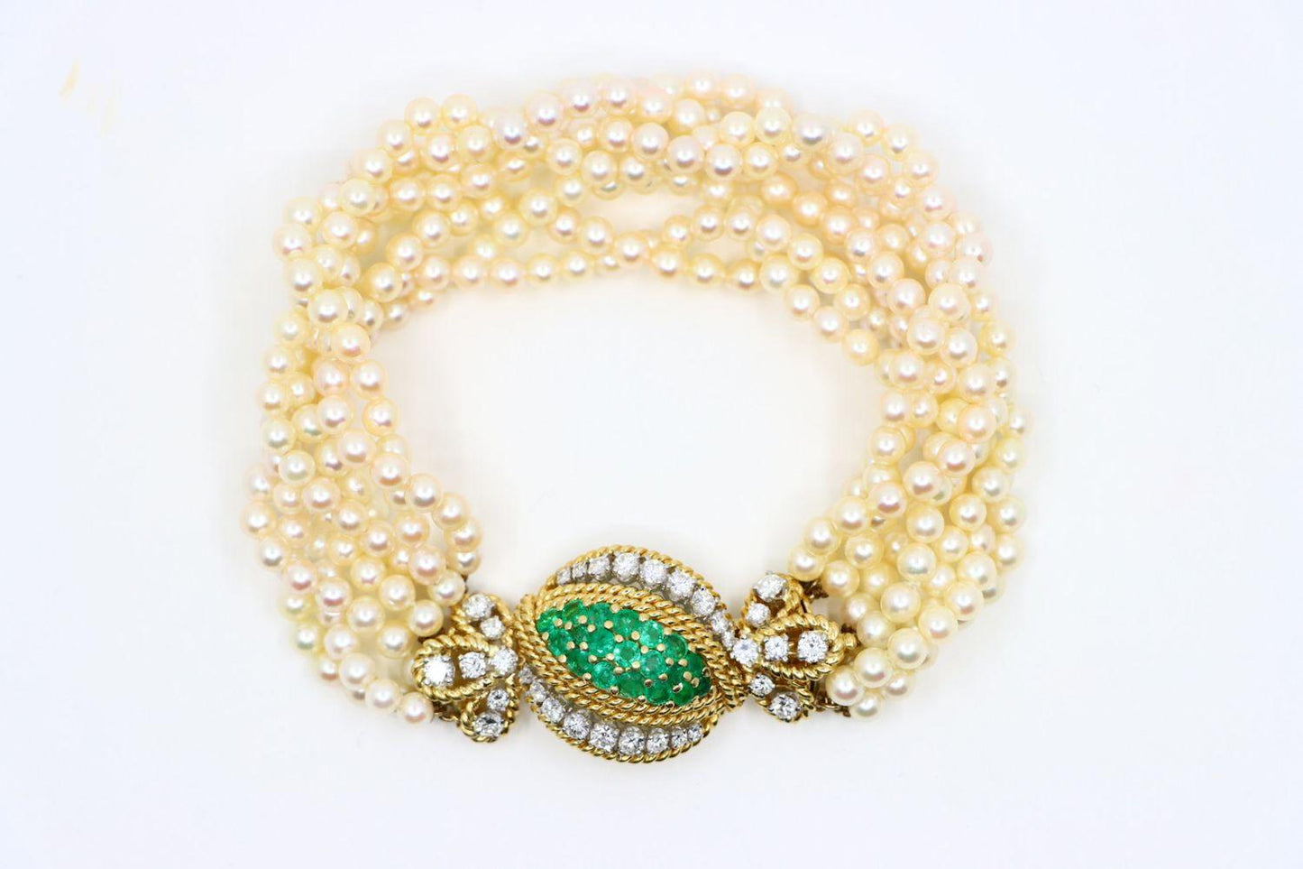 Vintage Gold Emerald Diamond Muti-Stand Pearl Bracelet