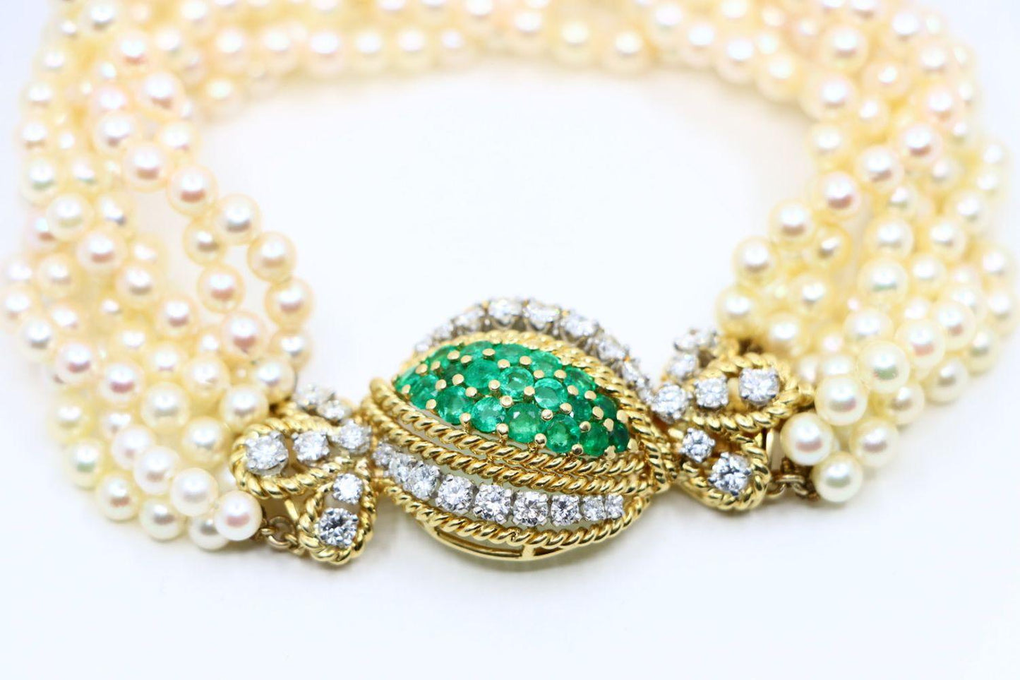 Vintage Gold Emerald Diamond Muti-Stand Pearl Bracelet