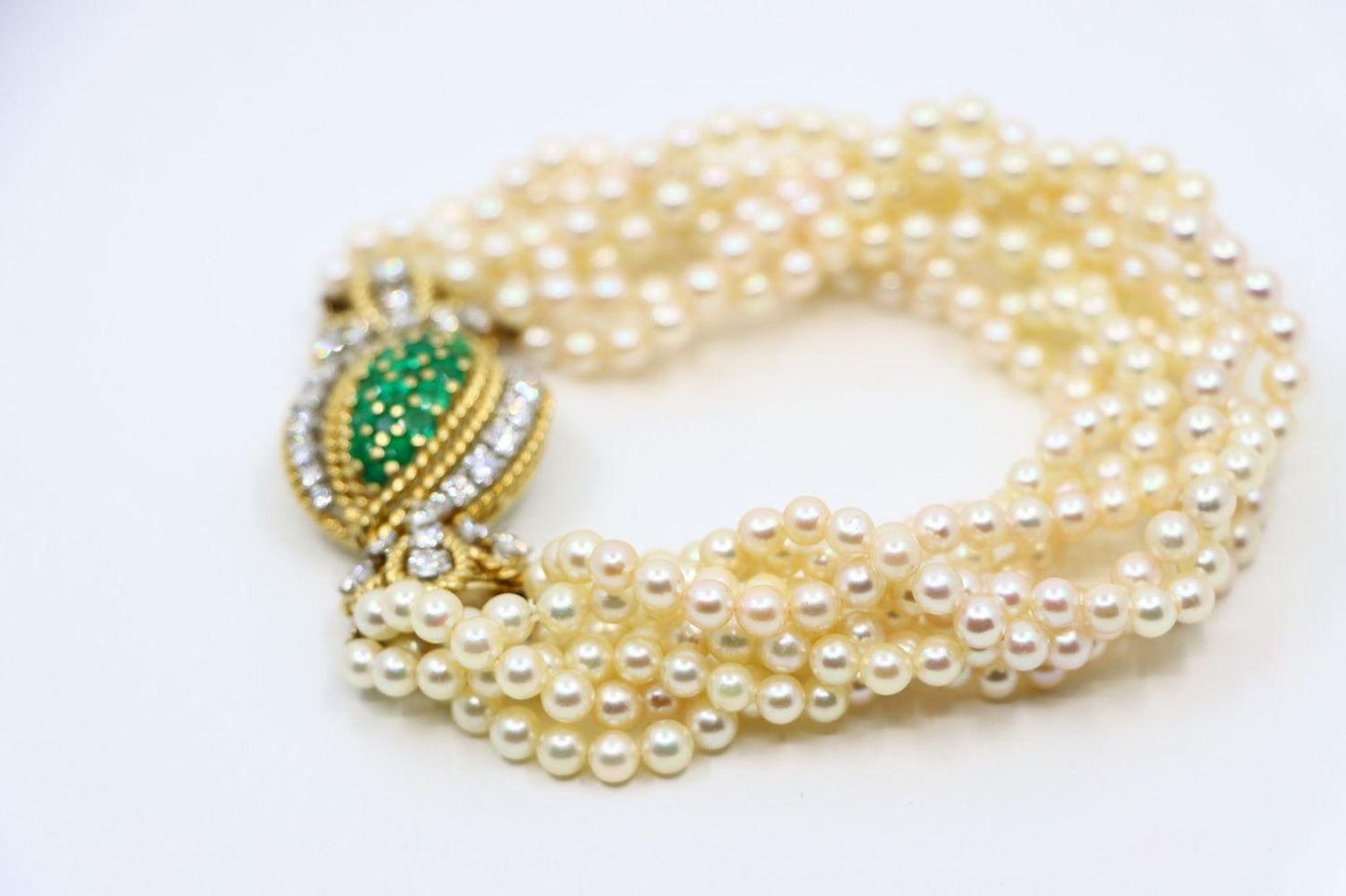 Vintage Gold Emerald Diamond Muti-Stand Pearl Bracelet