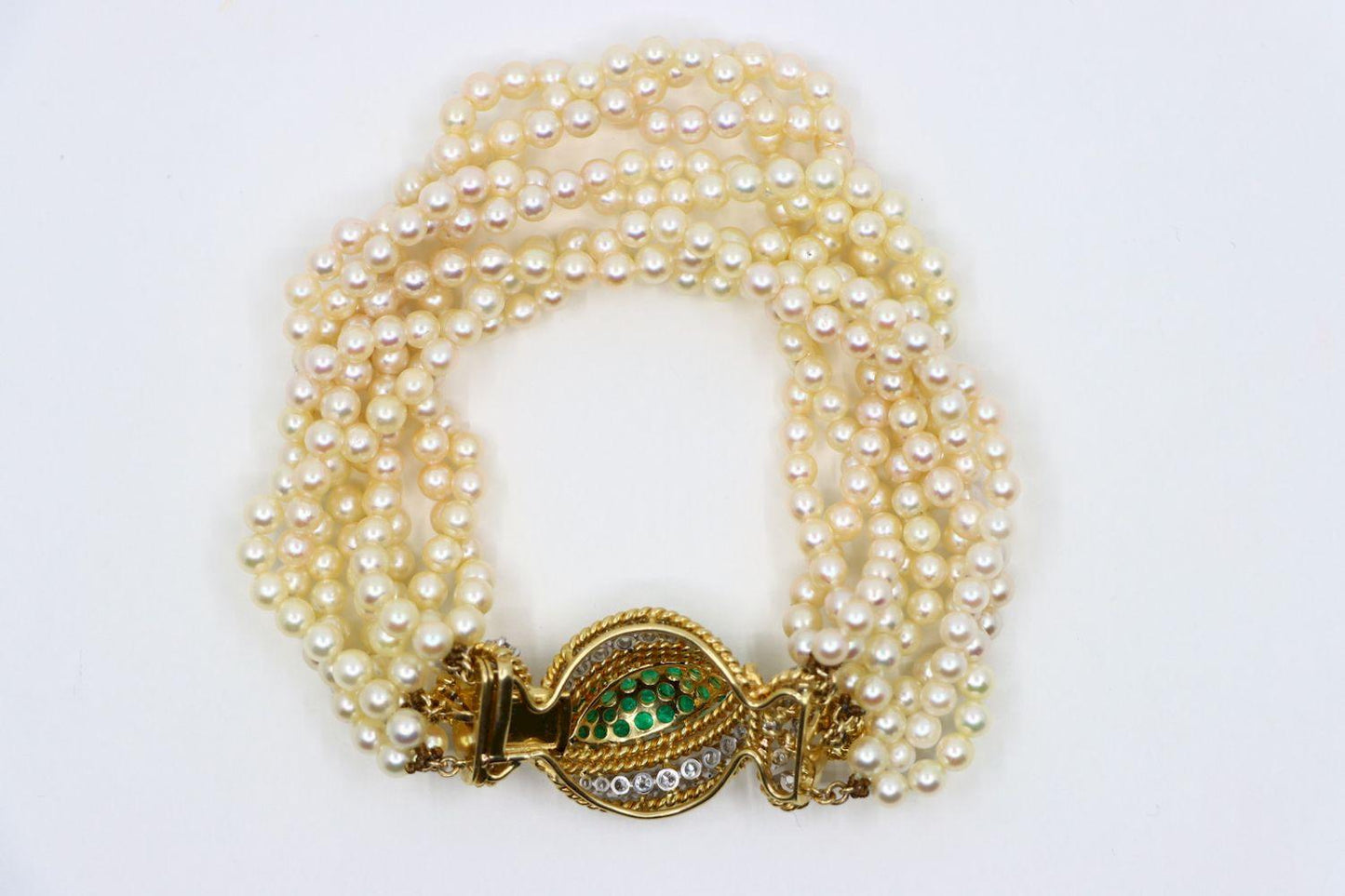 Vintage Gold Emerald Diamond Muti-Stand Pearl Bracelet