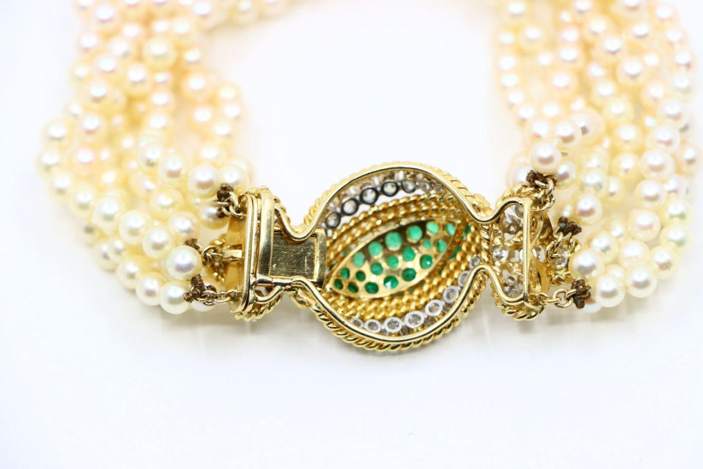 Vintage Gold Emerald Diamond Muti-Stand Pearl Bracelet